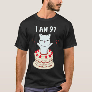 Camiseta Eu sou 91 gatinho bonitinho com bolo de aniversári