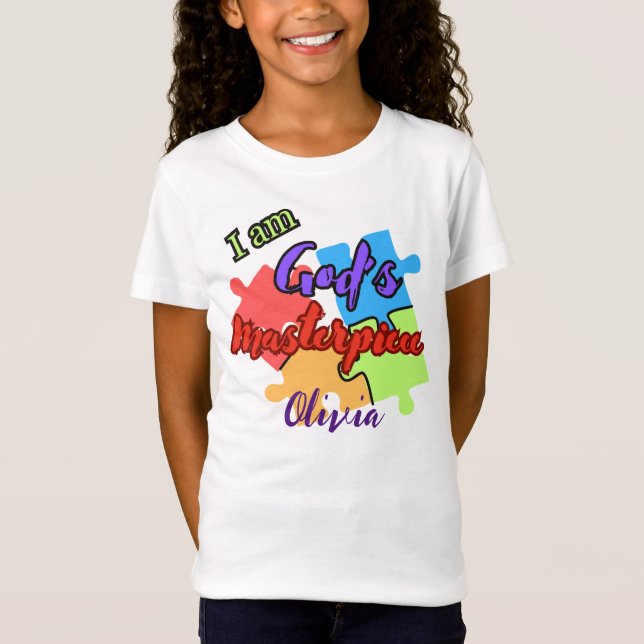 Camiseta "Eu sou a obra-prima de Deus" design de Quebra-cab (Frente)