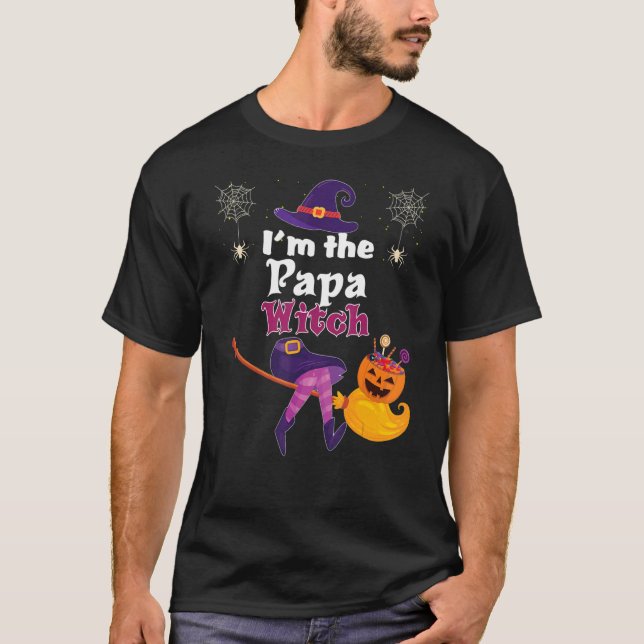 Camiseta Eu sou o Papá Vassoura-de-bruxa Pumpkin Candy Hall (Frente)