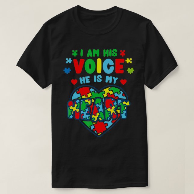Camiseta Eu Sou Sua Voz Ele É Meu Autismo Cardíaco Seja pac (Frente do Design)