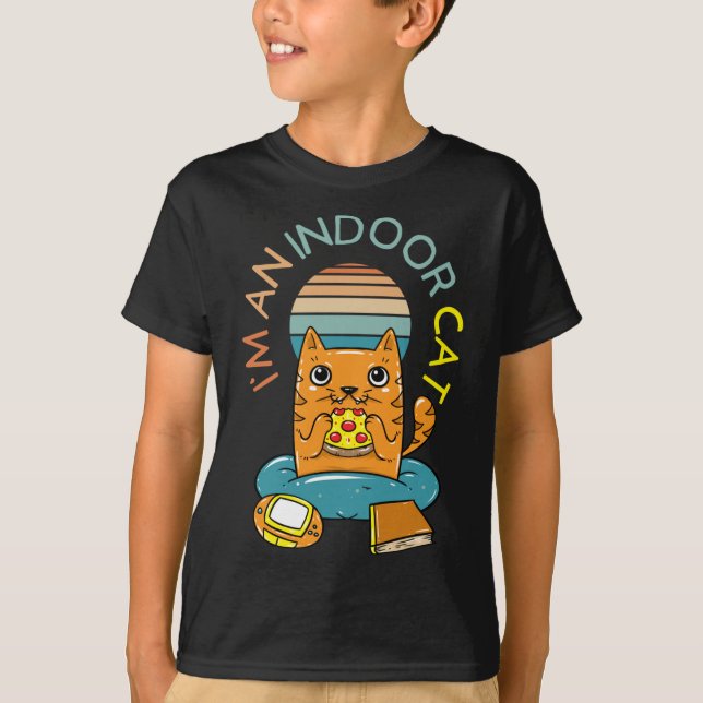 Camiseta Eu sou um gato interior que lê pizza jogando gato  (Frente)
