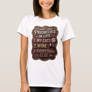 CAMISETA EU TENHO TRÊS PRIORIDADES NA VIDA 1 MEUS GATOS 2 V