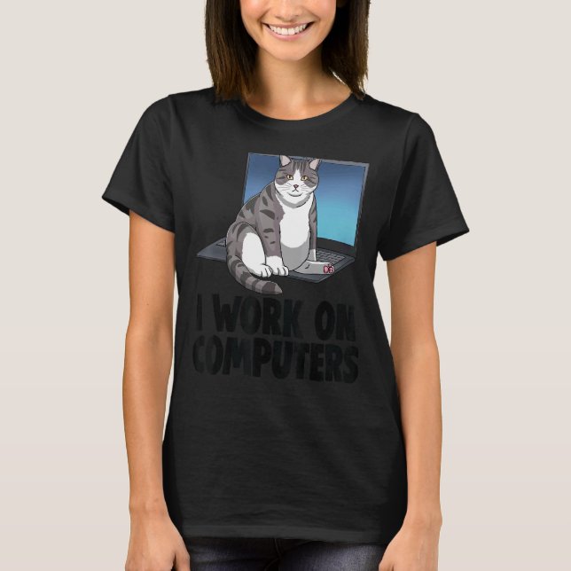 Camiseta Eu Trabalho Em Computadores Gato Gato Kitten (Frente)