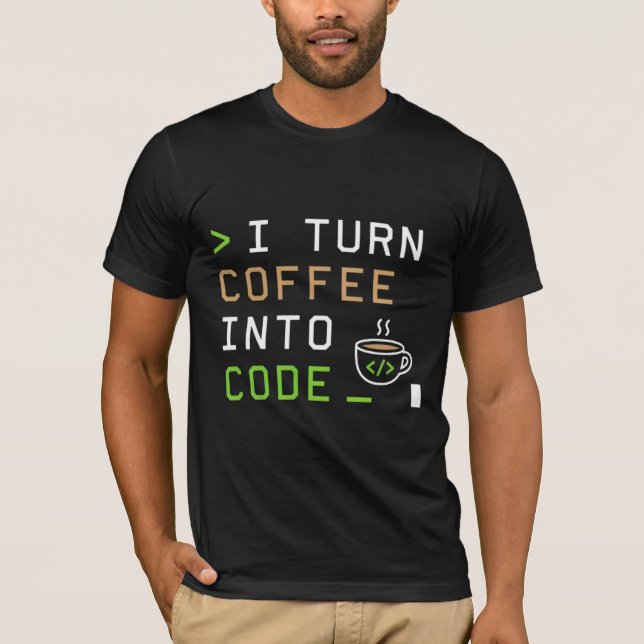 Camiseta Eu Transformo Café em Código Divertido Programador (Frente)