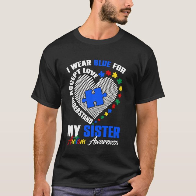 Camiseta Eu Uso Azul Para Minha Irmã Puzzle de Conscientiza (Frente)