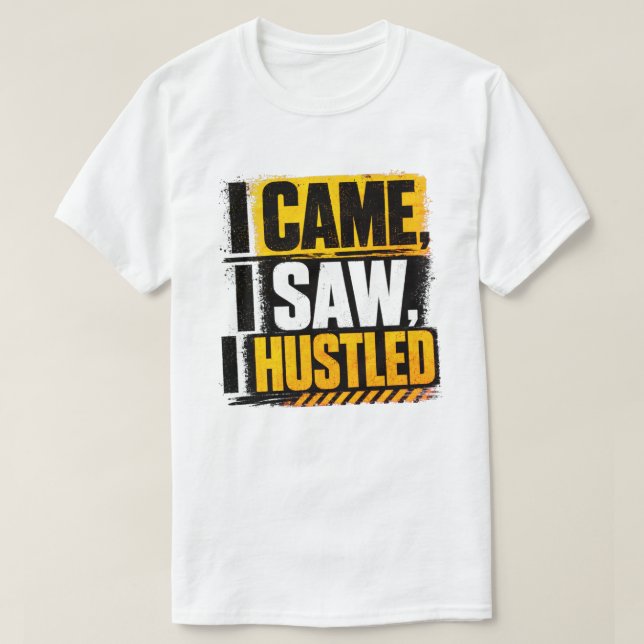 Camiseta Eu Vim Eu Vi Eu Trabalhei Citação Grunge Amarelo (Frente do Design)
