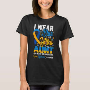 Camiseta Eu visto azul e amarelo para minha tia Down Síndro