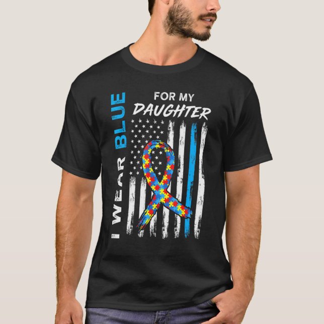 Camiseta Eu Visto Azul Minha Filha Bandeira Americana Puzzl (Frente)