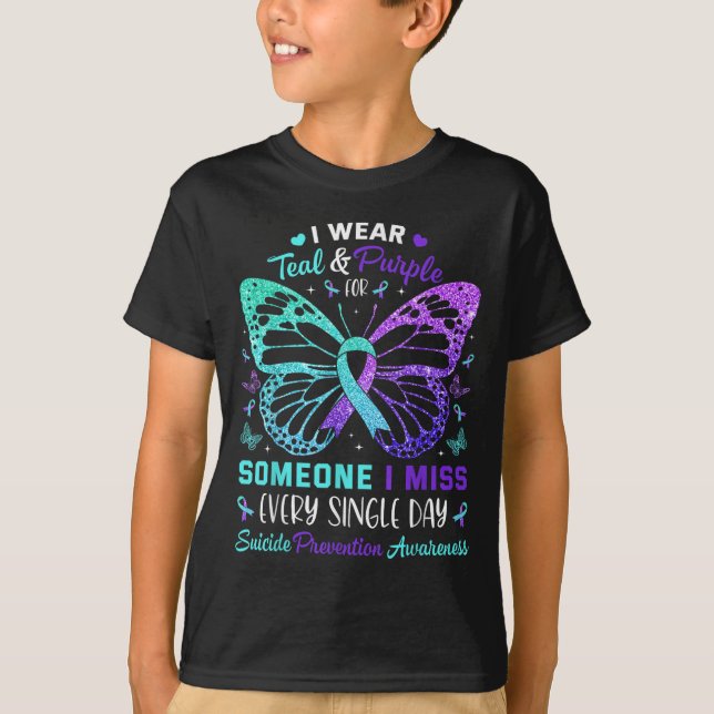 Camiseta Eu Visto Teal &amp; Borboleta Roxa Suicídio Evitar (Frente)