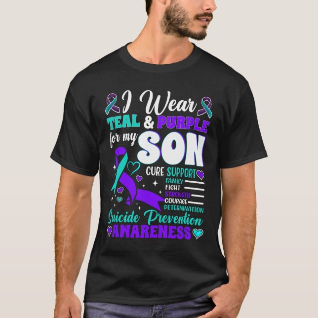 Camiseta Eu Visto Teal E Roxo Para O Meu Filho Suicida Prev (Frente)