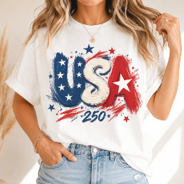 Camiseta EUA 250 Pinceladas Estrelas Vermelho Branco Azul