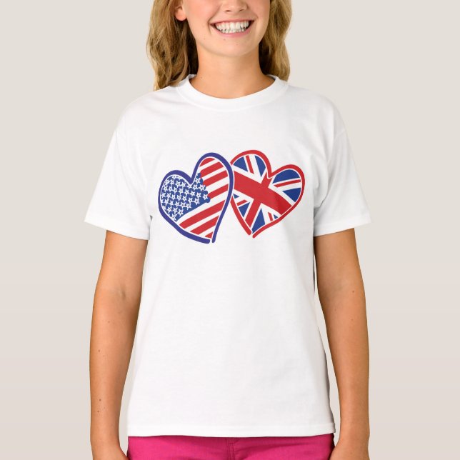 Camiseta EUA e Reino Unido Patriotic Flag Hearts (Frente)