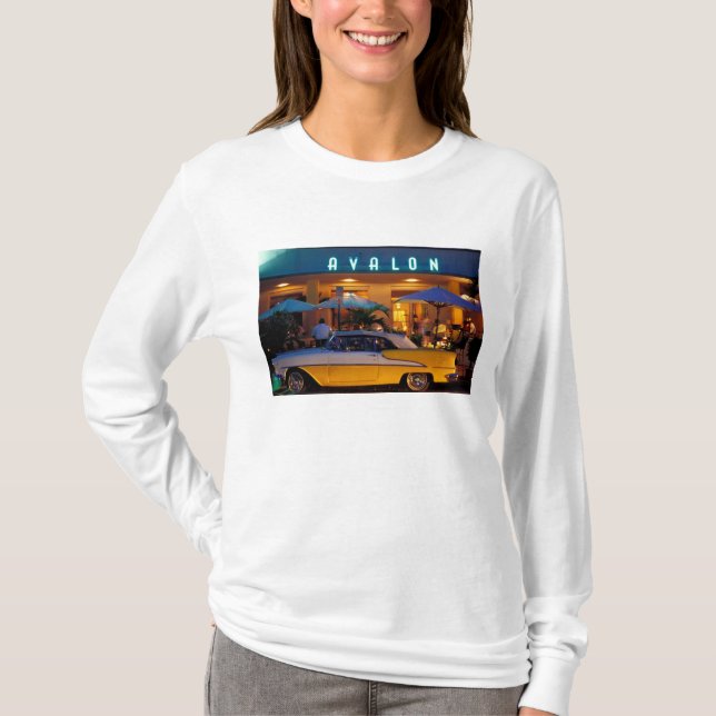 Camiseta EUA, FL, Miami, South Beach à noite. (Frente)