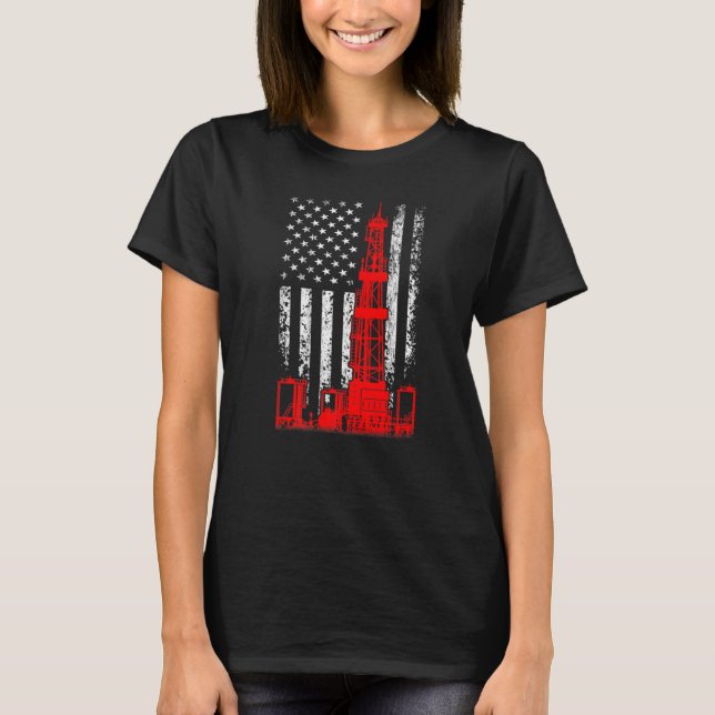 Camiseta EUA Flag Oil Drill Rig Oilfield American Flag O (Frente)