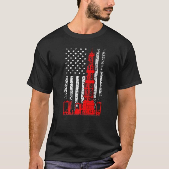 Camiseta EUA Flag Oil Drill Rig Oilfield American Flag O (Frente)