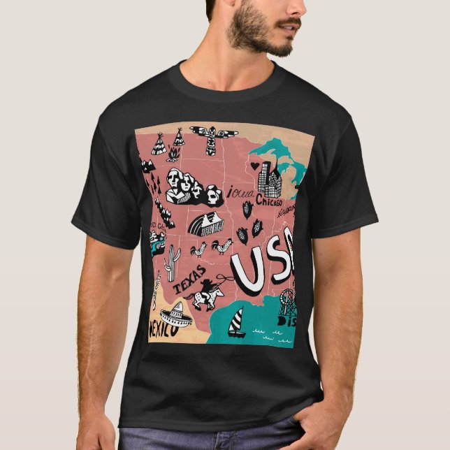 Camiseta EUA Ilustrado: Jornada Colorida de Mapa. (Frente)
