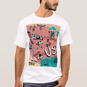 Camiseta EUA Ilustrado: Jornada Colorida de Mapa.