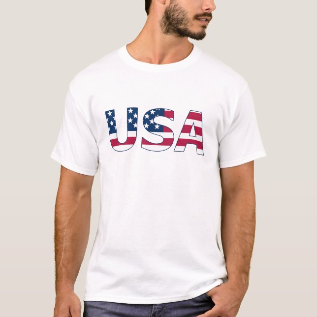 Camiseta EUA - Letreiros em Estrelas e Strips de Bandeiras  (Frente)