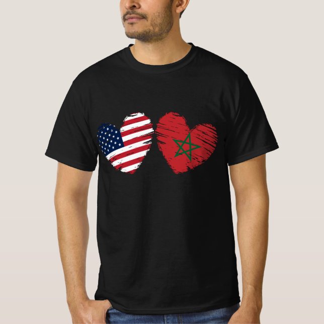 Camiseta EUA Marrocos Flag Heart Marroquino American (Frente)