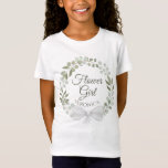 Camiseta Eucalyptus e Greenery Wreath Wreath Flower Girl<br><div class="desc">Esta camiseta fofa foi desenhada como um presente ou favor para a sua florista de casamento. A design apresenta uma coroa de folhas de eucalipto pintadas a aquarelas pintadas à mão e verde em tons de menta, musgo e sábio verde, com texto de roteiro lendo "Flower Girl" e um lugar...</div>