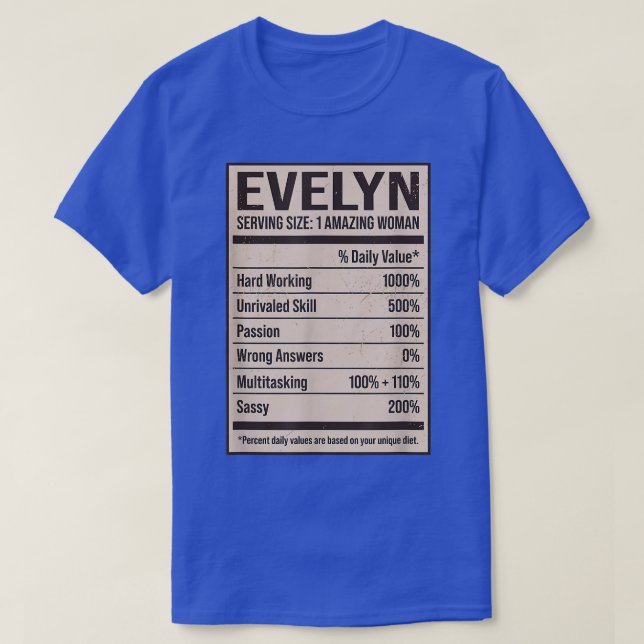 Camiseta Evelyn Nutrition Facts Name Apelido Alias Título F (Frente do Design)