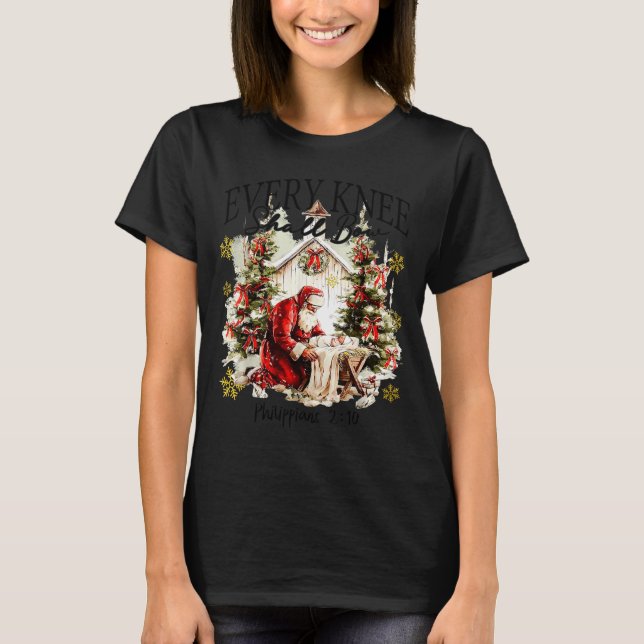 Camiseta Every Knee Shall Bow Funny Kneeling Santa Baby Jes (Frente)