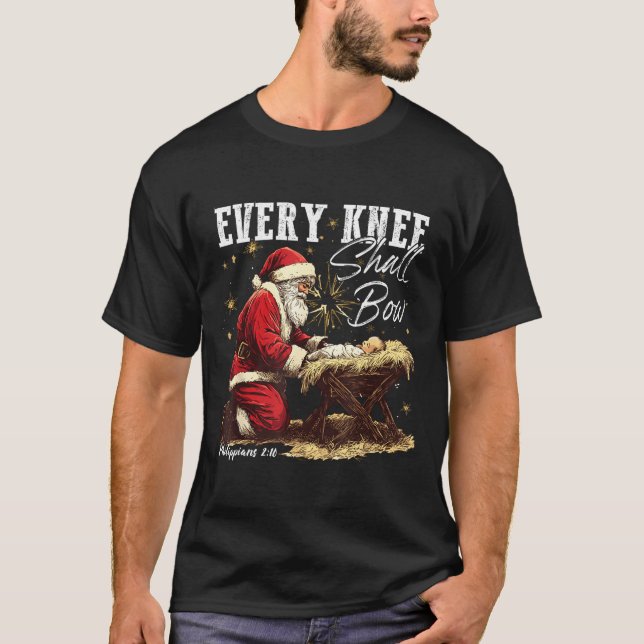 Camiseta Every Knee Shall Bow Santa Christmas Nativity Scen (Frente)