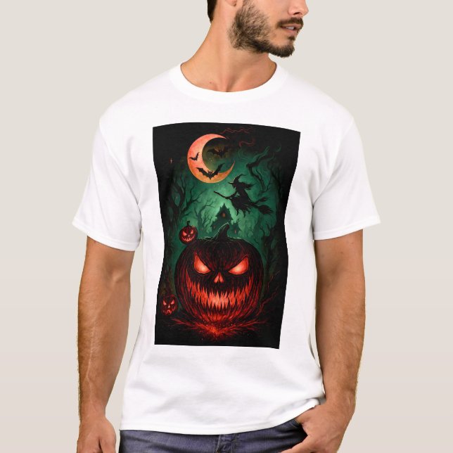 Camiseta Evil Pumpkin Under Blood Moon | Witch Flying Hallo (Frente)