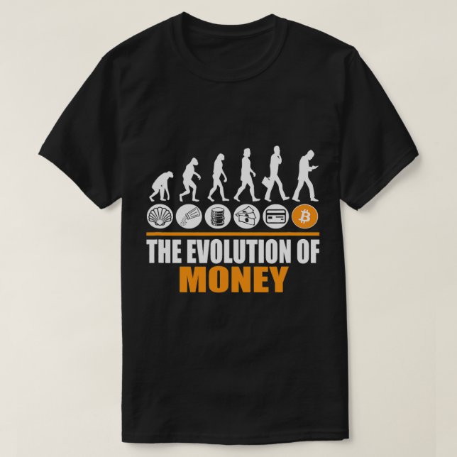 Camiseta Evolução da Criptomoeda BTC Engraçada com Dinheiro (Frente do Design)