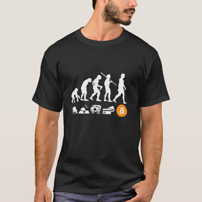 Camiseta Evolução do Dinheiro Bitcoin Um BTC Cripto  (Frente)