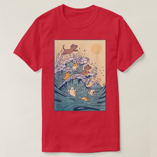 Camiseta Excelente Cães Bons do Japão Onda Kanagawa Kawaii  (Frente do Design)