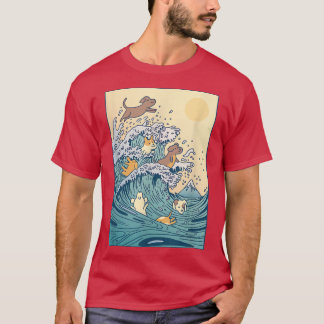 Camiseta Excelente Cães Bons do Japão Onda Kanagawa Kawaii 