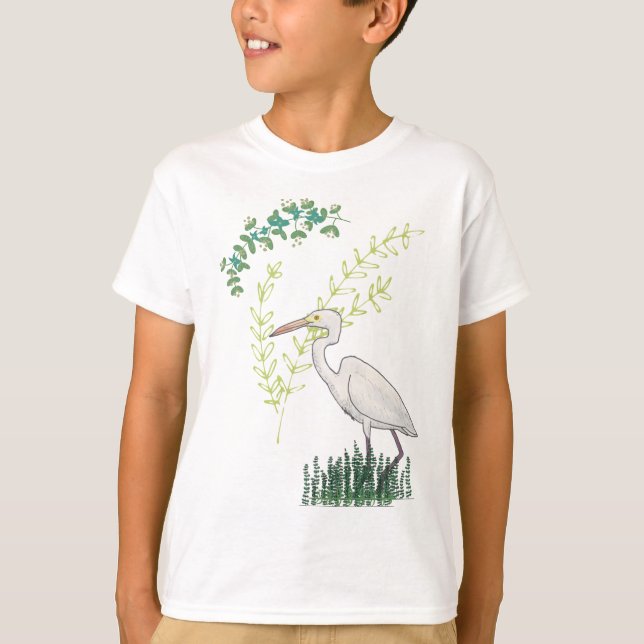 Camiseta Excelente Egret padrão floral de aves (Frente)
