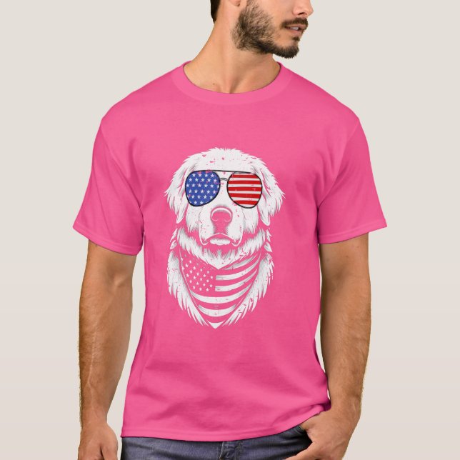 Camiseta Excelente Pirenéus Cão Patriótico 4 de julho Ameri (Frente)