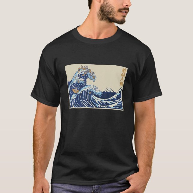 Camiseta Excelente Wave Off Kanagawa com Gatos - Kanji Esté (Frente)