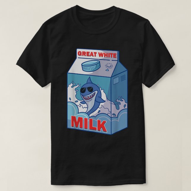 Camiseta Excelente White Shark Milk Bo Carton Pack Engraçad (Frente do Design)