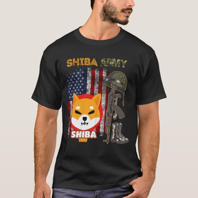 Camiseta Exército Shiba, moeda de Shiba Inu com bandeira am (Frente)