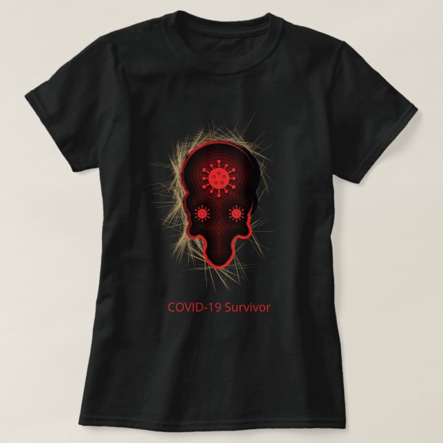 Camiseta Experiência da COVID-19, Caveira Vermelha e Negra, (Frente do Design)