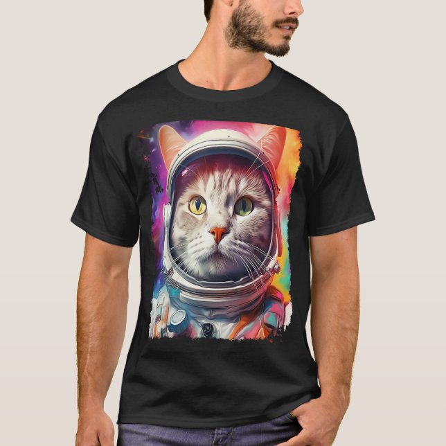 Camiseta Exploração do Espaço de Gato Branco de pop Art (Frente)