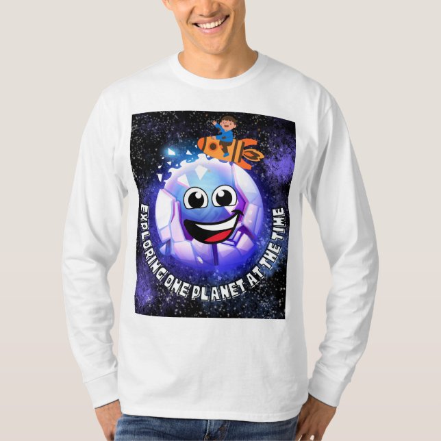 Camiseta Explorando um planeta na época. Rapaz em um foguet (Frente)