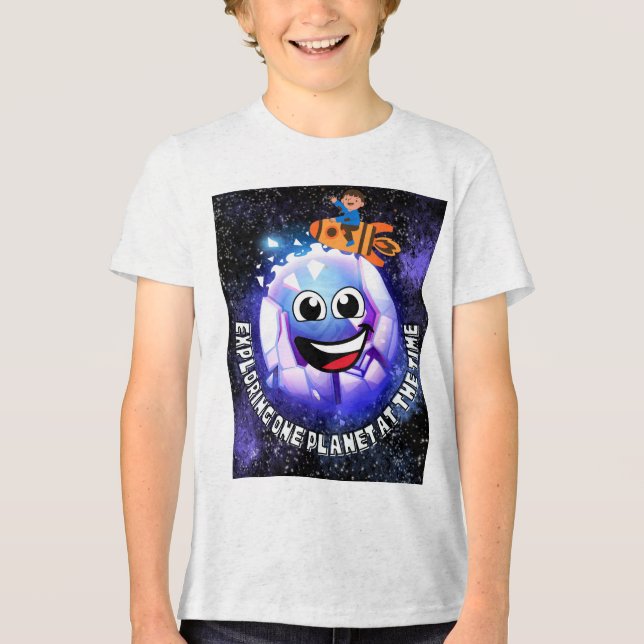 Camiseta Explorando um planeta na época. Rapaz em um foguet (Frente)