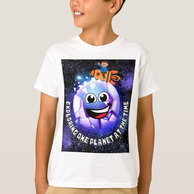 Camiseta Explorando um planeta na época. Rapaz em um foguet (Frente)