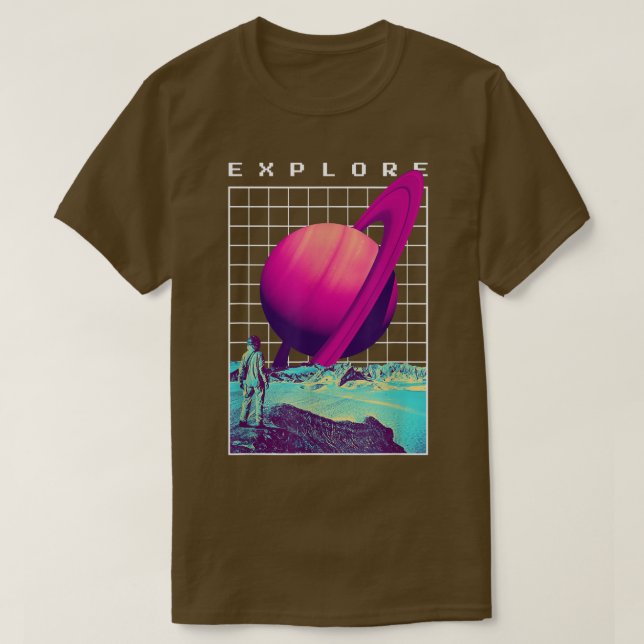 Camiseta Explorar o astronauta retrô de Saturno - Desi côsm (Frente do Design)