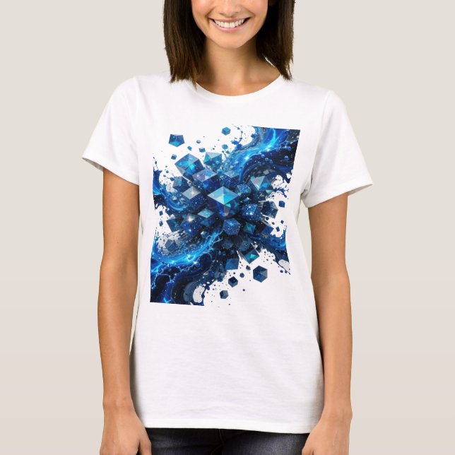 Camiseta Explosão de Cubo de Cristal Azul Prata em Negrito (Frente)
