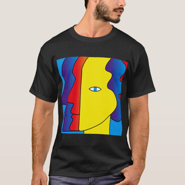 Camiseta Expressão de Olhos Amarelos Azul Feliz Abstrato (Frente)