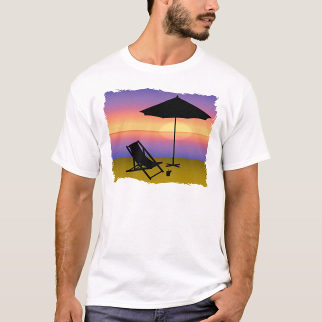 Camiseta Extremidade dos dias na praia com guarda-chuva e (Frente)