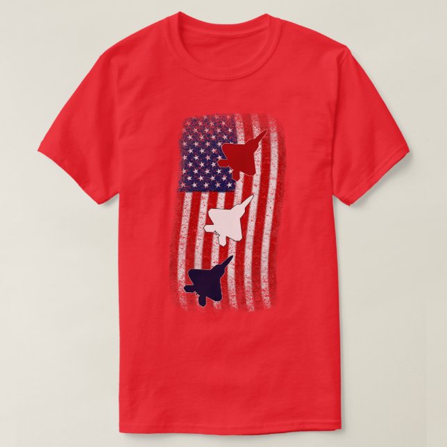 Camiseta F22 Bandeira Americana Raptor 4 de julho Red White (Frente do Design)