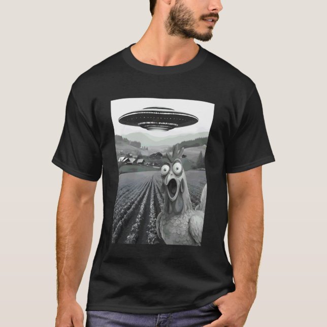 Camiseta F-CAW-F Selfie Engraçado de Frango com UFOs Aliení (Frente)