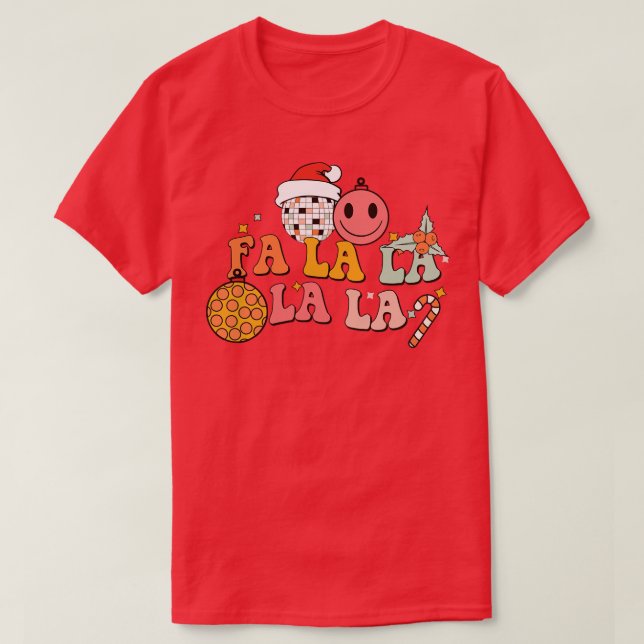 Camiseta Fa La La La Retro Disco Ball Santa Hat Ugly Chr (Frente do Design)