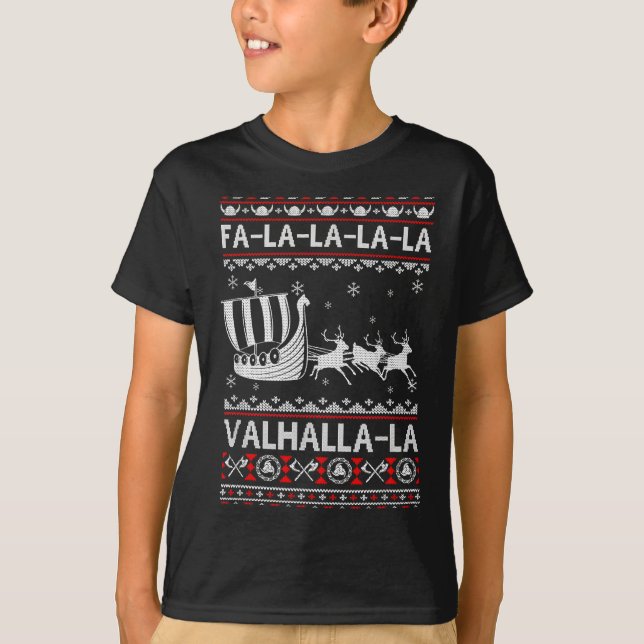 Camiseta Fa La La Valhalla Viking Ship Christmas Xmas Ugly  (Frente)